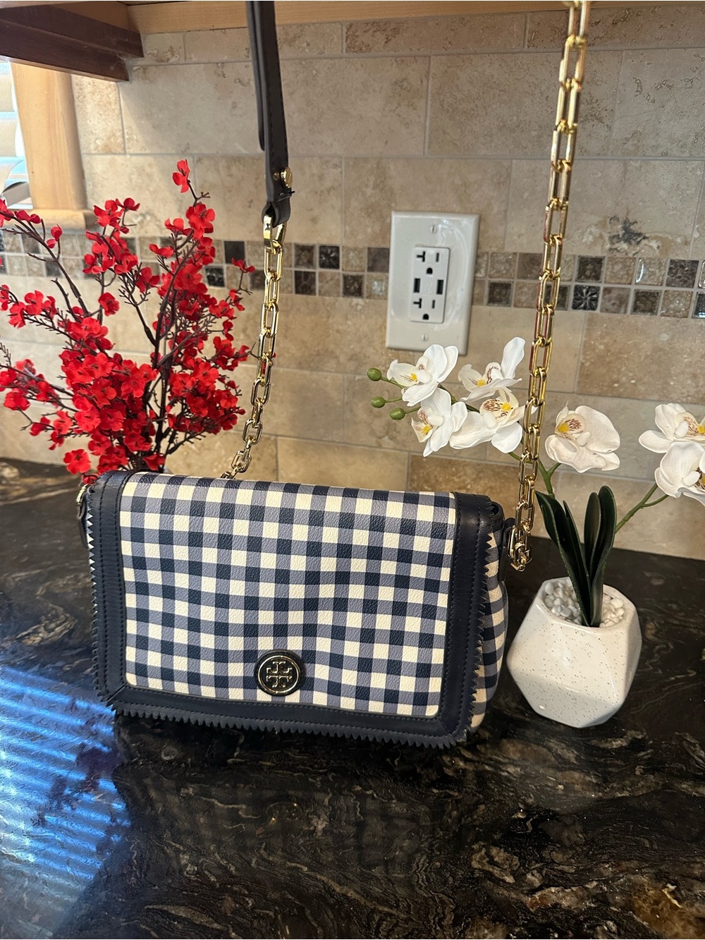 Tory Burch Navy and White Gingham Crossbody with Gold Chain